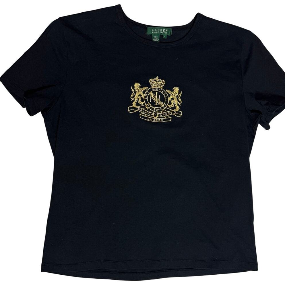 LAUREN RALPH LAUREN Black Graphic Tee Gold Emblem Large